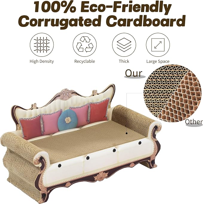 Luxury Cat Scratcher Sofa Bed, Cardboard Couch Shape Scratching Lounge, for Indoor Cats Kittens Kitties Rest&Play（23.6''*9.8''*12.6''）
