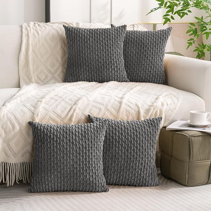 Set of 4 Dark Grey Decorative Throw Pillow Covers 18x18 Inch Corduroy Pillow Covers for Bed Couch Sofa Living Room Soft Square Cushion Cases