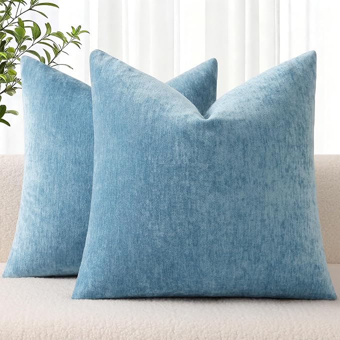 decorUhome Soft Chenille Grey Blue Throw Pillow Covers 16X16 Set of 2 | Decorative Fall Couch Pillow Covers Solid Dyed Accent Modern Farmhouse Neutral Square Pillow Cases for Sofa