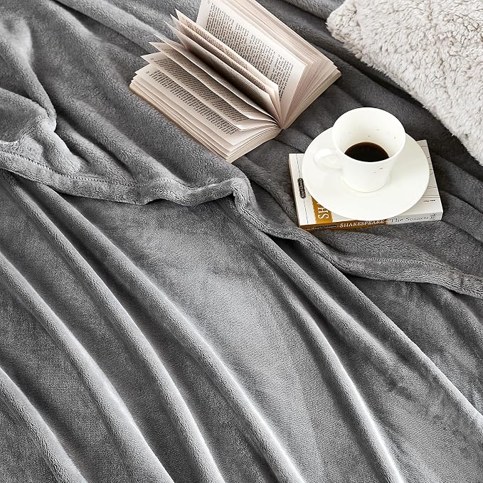 Hansleep Throw XL Grey Fleece Blanket, Soft Flannel Bed Blanket | Fuzzy Cozy Blanket 50x70 Inches, Multi-use for Bed, Sofa, Couch, Travel, Camping, All Season Warm Lightweight Cover