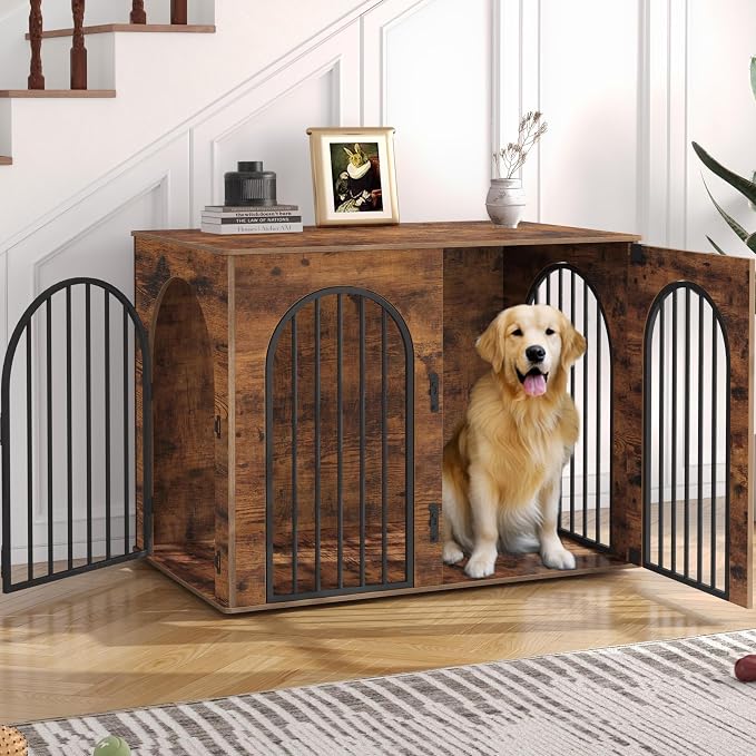 Hzuaneri 44.1'' Dog Crate Furniture,Dog Kennel Indoor for Medium/Large Dogs | Dog Kennel Furniture Wooden Dog Cage Heavy Duty Dog Crate Decorative Pet House End Side Table TV Stand,Rustic Brown DFC83901B