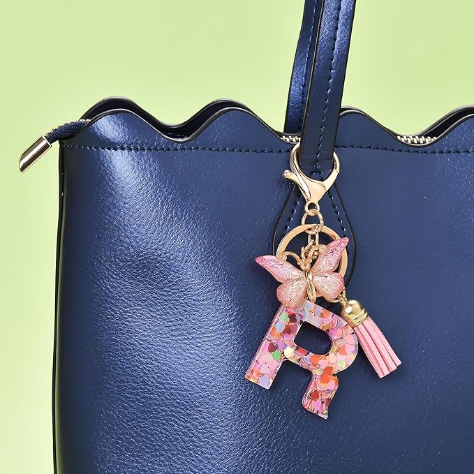 Fashion Alphabet Initial Letter Keychain Tassel Butterfly Pendant Key Ring for Purse Handbags Women Girl
