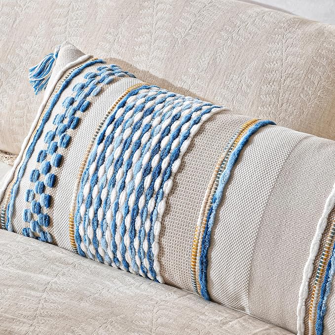 Chenille Striped Textured Boho Throw Pillow Covers Aesthetic with Tassels Woven Decorative Pillow Case for Couch Bed Sofa Bedroom Modern Funky 14 x 36-Inch Sky Blue