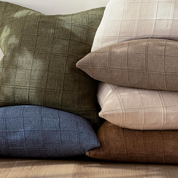 Foindtower Set of 2 Decorative Linen Check Throw Pillow Covers Neutral Farmhouse Vintage Cushion Covers Modern Boho Home Decor for Sofa Chair Couch Bedroom Living Room,16×16 Inch,Tan Taupe