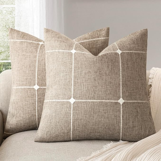 Foindtower Pack of 2 Decorative Faux Linen Jacquard Check Throw Pillow Covers Farmhouse Cushion Cover with Grid Textured Accent Pillowcase for Couch Sofa Living Room Home Decor,18×18 Inch,Oatmeal