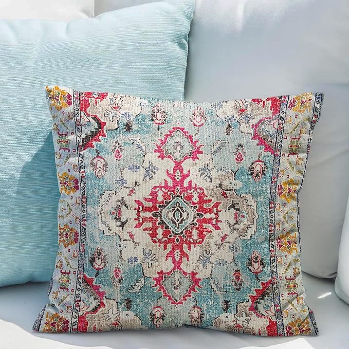 Snycler Boho Throw Pillow Covers 16x16 inch Set of 2 Boho Rug Carpet Double Sided Pattern Cotton Soft Pillow Case Cushion Cover Pillowcase for Couch Sofa Bed Decorative (Rose Red)