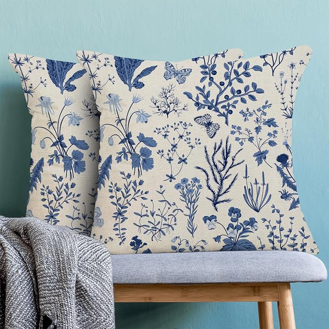 AEIOAE Summer Pillow Covers 20x20 Inch Set of 2,Navy Blue Wild Flower Plant Throw Pillows Case,Seasonal Floral Outdoor Decorative Square Linen Farmhouse Decor Cushion Covers for Home Couch Sofa Bed