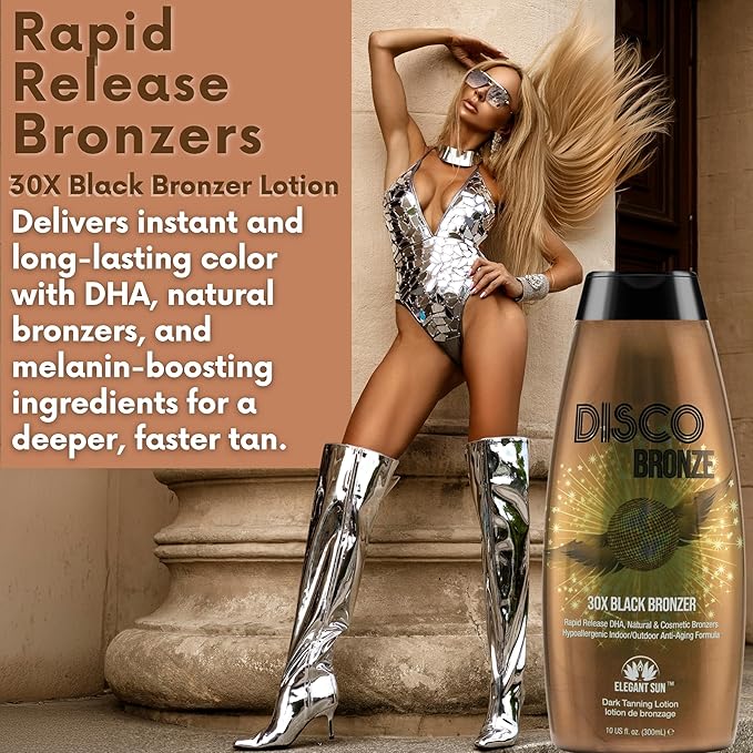 Disco Bronze Tanning Lotion with Bronzer – Bronzing Accelerator 30X DHA Indoor/Outdoor Tanning Bed Lotion for Men & Women, DHA Self Tanner, Skin Firming Ingredients, Hypoallergenic, Get Dark Fast