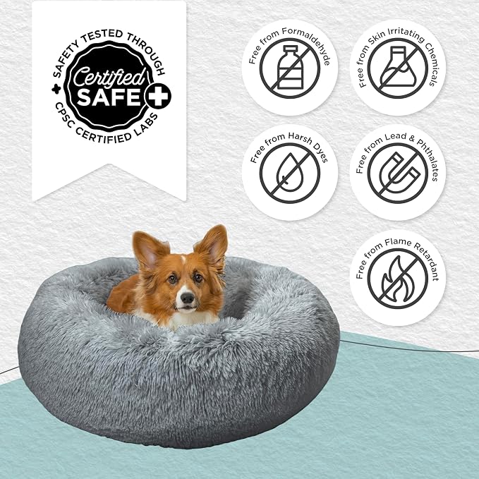 Best Friends by Sheri Original Calming Donut Dog Bed, Gray, Small, 23" | Machine Washable, Shag Faux Fur, Orthopedic Support, Sense of Security, Water-Resistant Base, Small Dogs Up to 25 lbs