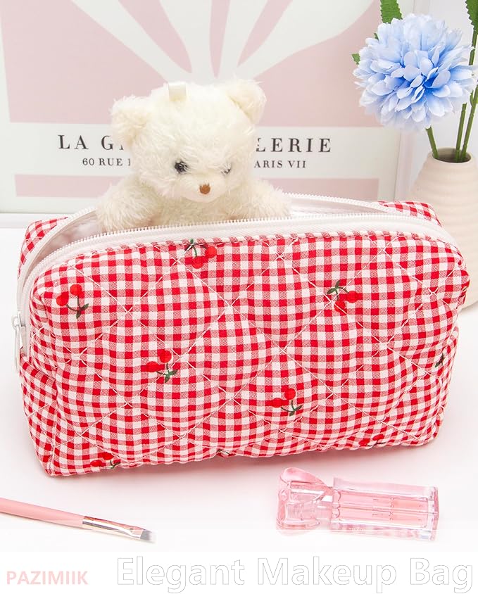 Small Quilted Makeup Bag,Zipper Cosmetic Pouch,Gingham Red Cherry,6 Pack | Lightweight Cosmetic Bag Organizer for Women,Purse Storage Holds Makeup,Toiletries,Skincare,Beauty Essentials,Travel Items
