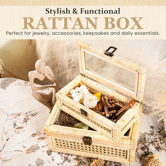 Rattan Decorative Box with Lid & Secure Lock | Decorative Box with Lids for Home Decor | Rattan Display Box | Boho Storage Box | Wicker Basket Organizer | Includes 10x Non-Scratch Felt Pads