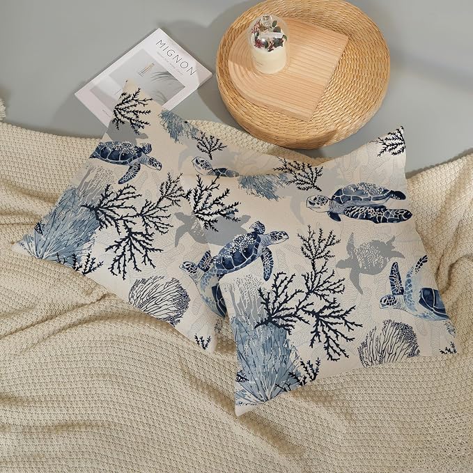 Nautical Coastal Pillow Covers 18x18 Set of 2 Beach Themed Ocean Coral Sea Turtle Decorative Throw Pillows Blue Outdoor Decor Pillow Cases Linen Farmhouse Cushion Case for Sofa Home Holiday