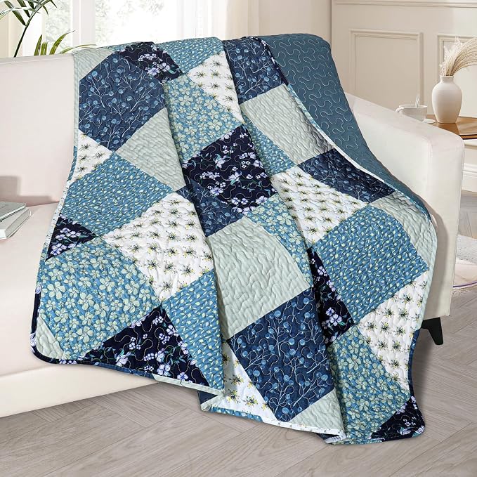 Exclusivo Mezcla Reversible Boho Quilted Throw Blanket, 50"x 60" | Lightweight Summer Quilt Throw, Designed for Bed/ Couch/ Sofa, Blue Patchwork Pattern