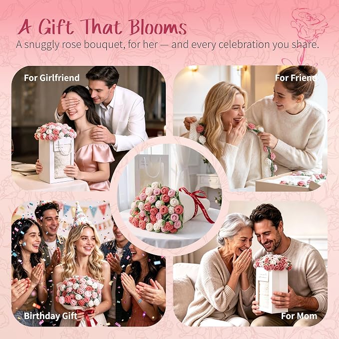 Pink Rose Crochet Flower Bouquet Blanket 43 Inch Throw 60 Rose Flowers | Gift Bag, Writable Card, Machine Washable, Hand-Crocheted Pink Roses, Ready for Birthdays, Holidays, or Anniversaries.