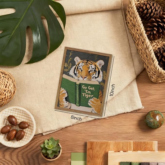 Framed Tiger Canvas Wall Art, Motivational Tigers Reading Poster Print, Humorous Bookworm Pictures Wall Decor, Vintage Go Get Em Tiger Painting for Office Library Bedroom Decor 8x10 inch