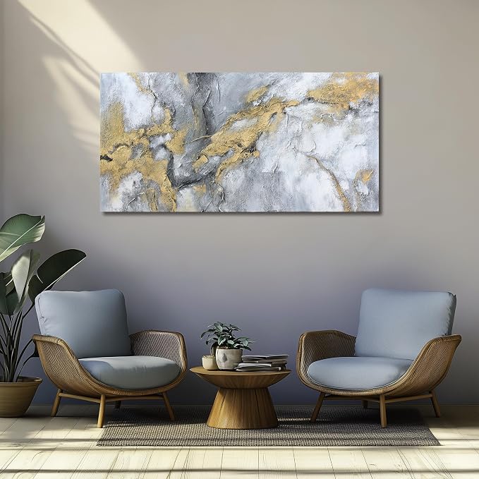Belmrxne Abstract Wall Art for Living Room Large Grey and Gold Wall Decor Unique Canvas Painting Luxury Wall Prints Aesthetic Bedroom Hanging Artwork 29x58 Inches