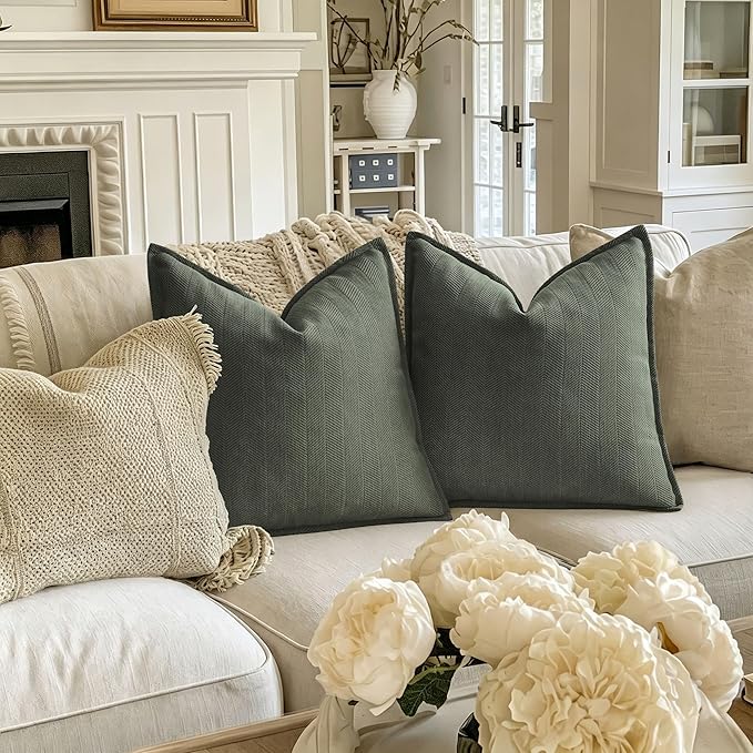 Army Green Pillow Covers 26x26 Set of 2 Chenille Throw Pillow Covers with Elegant Design Soft and Luxurious Decorative Pillows for Couch, Bed, Home Decor
