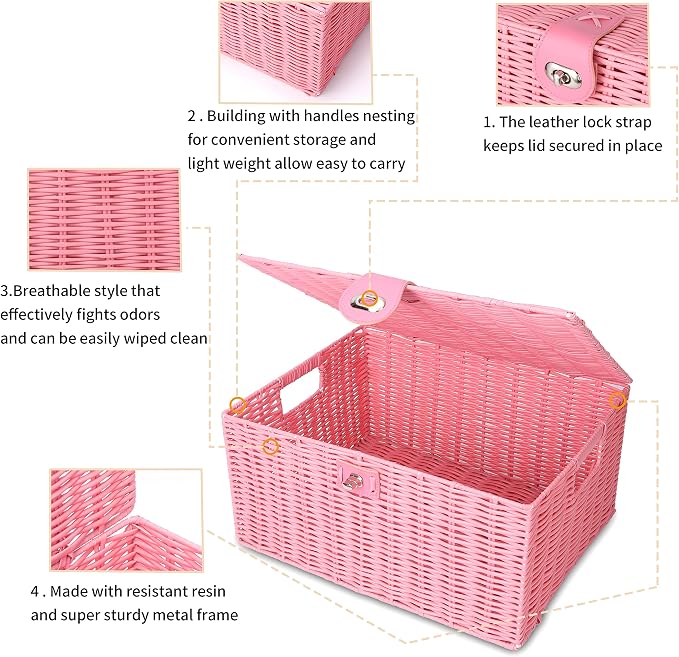 Honygebia Pink Wicker Storage Baskets - Set of 3 Decorative Nesting Boxes with Lids, Woven Basket with Lock & Handle, Organizer for Beauty Makeup Bathroom Decor