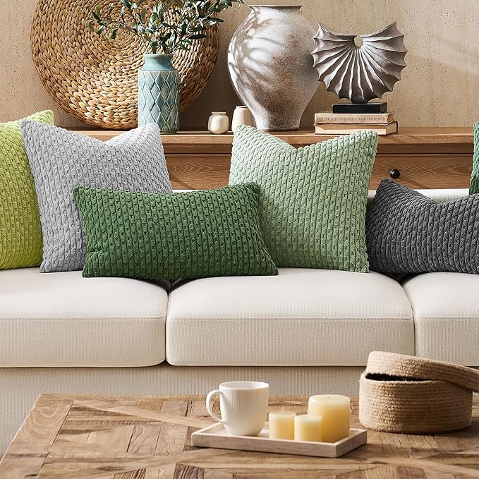 Kevin Textile Soft Corduroy 16"x24" Lumbar Pillow Cover 1 Pack, Moss Green | Boho Stripe Plush Corduroy Decorative Oblong Cushion Cover Modern Farmhouse Home Decor for Sofa Couch Bed Chair