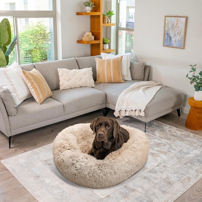 Best Friends by Sheri Original Calming Donut Dog Bed, Taupe, Large, 36" | Machine-Washable Cover, Shag Faux Fur, Orthopedic Support, Sense of Security, Water-Resistant Base, Large Dogs Up to 100 lbs