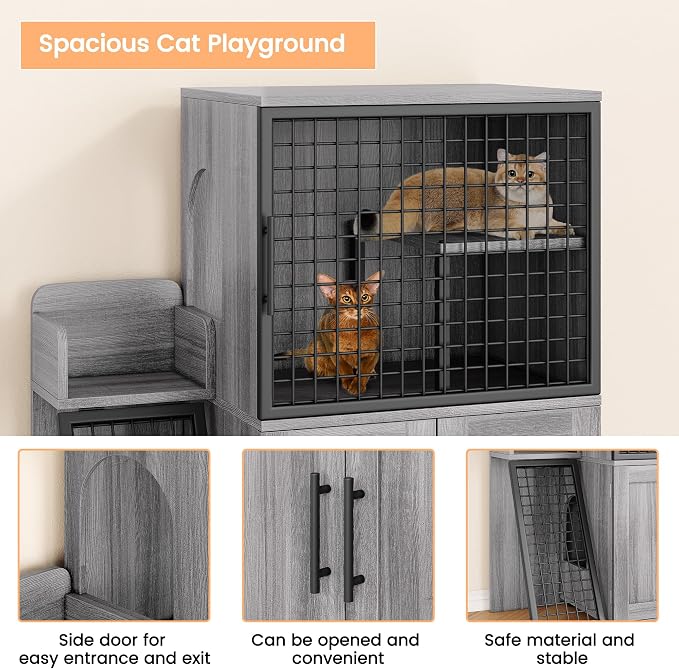 IDEALHOUSE Cat Litter Box Enclosure with Double Layer, Dark Grey | Double Layer Cat Litter Box Furniture with Ladder, Creates a Private Cat Space While Keeping Living Rooms Clean and Organized