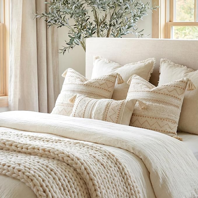 Decorative Throw Pillow Covers 18X18 Combo Set of 2 Square Cream Neutral White Boho Accent Pillowcase Tassels Farmhouse Cushion for Couch Sofa Bedroom Living Room Home Décor Cover ONLY