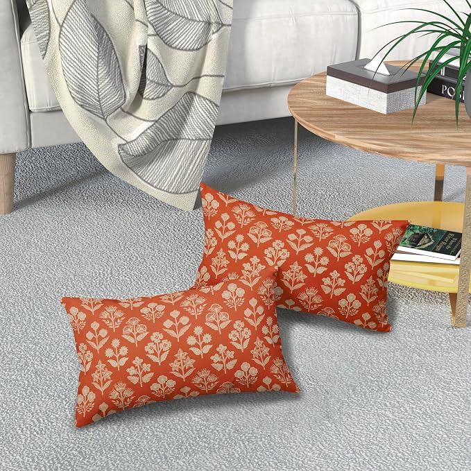 Dark Orange Pillow Covers 12x20 Inch Set of 2, Cream Floral Block Print Pattern Lumbar Decorative Throw Pillowcases Outdoor Farmhouse Rectangle Cushion Covers Spring Summer Sofa Couch Bed Decor