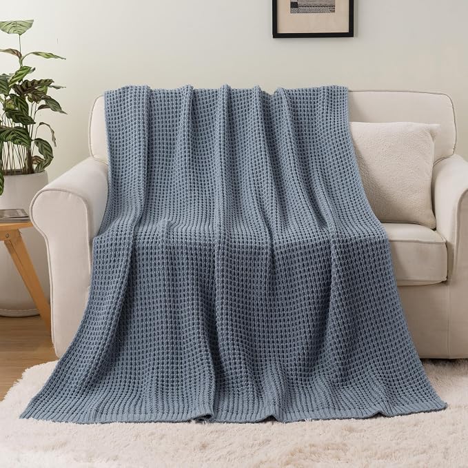 Blue Grey Throw Blanket for Couch, Waffle Knitted Throw Blanket 60"x80" | Chunky Chenille Throw Blanket, Soft Blue Throw Blanket for Home Decor, Sofa, Modern Farmhouse Knit Style