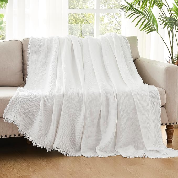 WDCOZY 100% Cotton Muslin Blanket Oversized King 4-Layer for Bed Breathable Lightweight Soft Large Boho Farmhouse Linen Tassels Ruffle Gauze Blankets All Season for Adults 102x120 Inches White