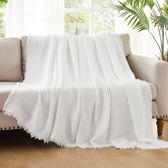 WDCOZY Muslin Throw Blanket 100% Cotton Blankets 4-Layer Breathable Lightweight Soft for Couch Boho Farmhouse Linen Tassels Ruffle Gauze Blankets All Season for Adults 50x60 Inches White