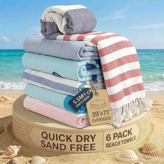 LANE LINEN Turkish Beach Towels Set of 6 – Pre-Washed, Sand-Free, Quick Dry, Lightweight Travel Towels for Women, Soft Bath Beach Towels, 39"x71" – Coastal Bliss