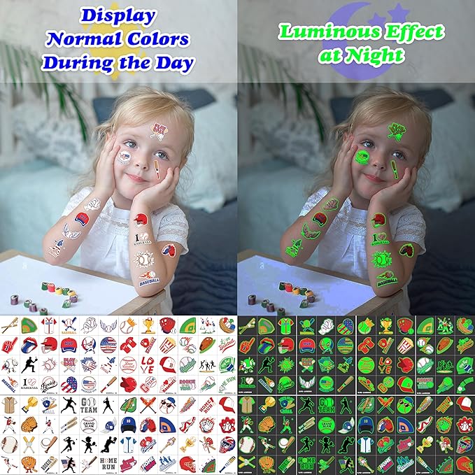 96 PCS Baseball Sports Pre-Cut Luminous Glow in the dark Temporary Tattoos for Kids | Super Cute Baseball Themed Birthday Party Favors, Supplies, Decorations, Fake Tattoo Stickers Gifts for Boys Girls