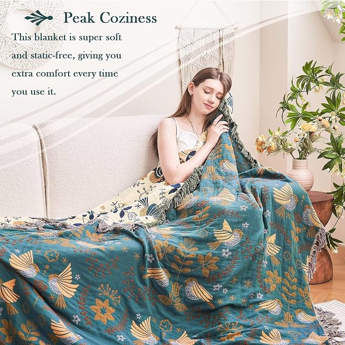 XIBLC Boho Throw Blanket, 100% Cotton Ultra Soft Luxury Throw Rustic Quilt, 60"x80" Floral Printed Farmhouse Decor Bed Summer Blankets, All Season Rustic Reversible Bohemian Throw for Bed - Blue