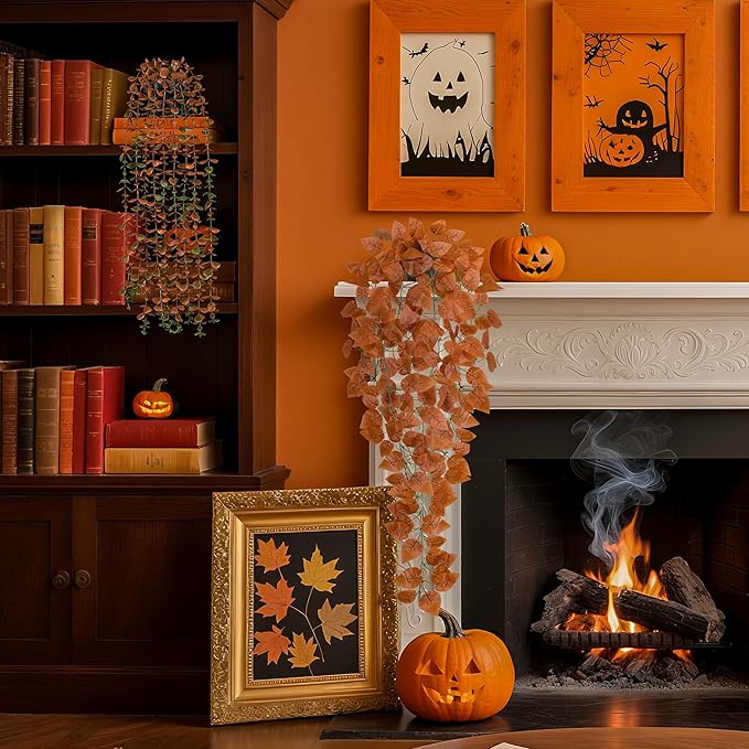 Der Rose 4 Pack Fake Fall Plants Hanging Orange Vines for Fall Wall Decor | 4 different orange vines for autumn decor accents, fall living room and bathroom decor, porch, patio and covered decor