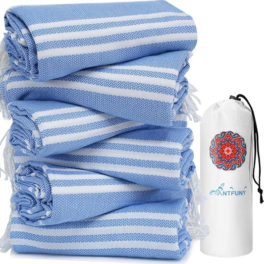 6 Pack Turkish Beach Towels Vacation Essentials with Bag Quick Dry Sand Free Soft Absorbent Adult Bath Pool Swim Long Wide Stripe Towel Cloud Linen Sandfree Mat Summer Thing Lightweight Travel Blue
