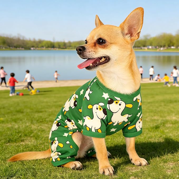 Dog Pajamas Summer Cute Print Puppy Jumpsuit Thin Dog Onesie Small Dog Clothes with Comfy & Elastic Frbic Puppy Pjs(Green Puppy, X-Small)