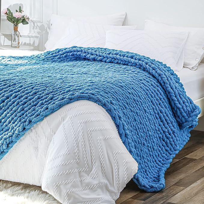 Bigacogo Chunky Knit Throw Blanket for Couch, 51x63 inches, Bright Blue | Hand Knit with Jumbo Chenille, Soft Breathable Cable Knit for Sofa Bed Living Room, Machine Washable, Gift for Mom Friend