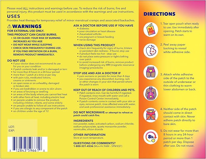 Midol Heat Vibes Menstrual Pain Relief Heat Patches - 6 Count Pack for Period Cramps and Backache