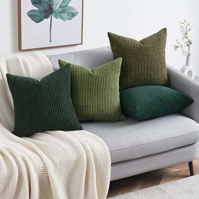 Topfinel Fall Pillow Covers Set of 4 Soft Corduroy Boho Strip Textured Green Pillow Covers Modern Farmhouse Cute Autumn Home Decor Green Living Room Sofa Couch Bed 55x55 cm