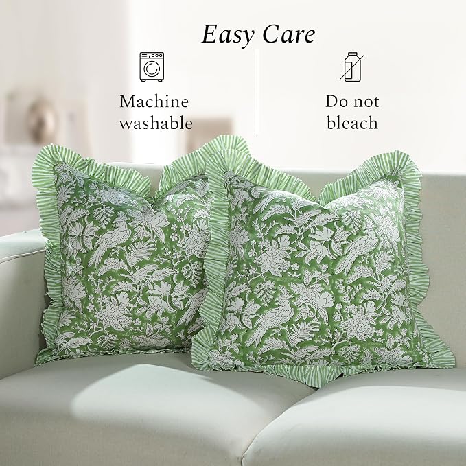 CPC Olive Green Ruffle Throw Pillow Covers for Couch, 24x24 Inch Cotton Stripe Ruffle Couch Pillows for Living Room, Hidden 20 Inch Zipper Boho Pillow Case or Cute Outdoor Pillows