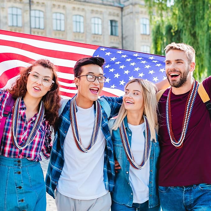 4th of July Necklace Decorations, 30PCS 4th of July Beads Necklaces Accessories, Metallic Patriotic Independence Day Red Blue White Bulk, Beads Necklace for Memorial Day Patriotic Parades Party Favors