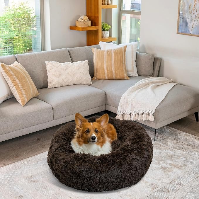 Best Friends by Sheri The Original Calming Donut Dog Bed for Medium Dogs up to 45 lbs, Shag Faux Fur, Dark Brown, 30" x 30"