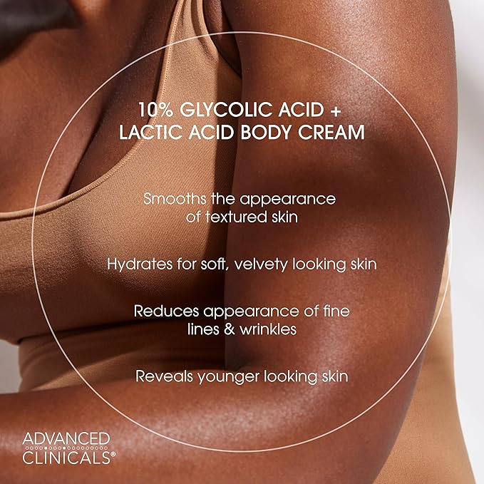 Advanced Clinicals 10% Glycolic Acid + Lactic Acid Body Lotion Moisturizer + AHA Glycolic Acid Face Serum 2pc Exfoliating Skincare Set To Reduce Look Of Uneven Rough Skin Texture, Fragrance Free, 2pc