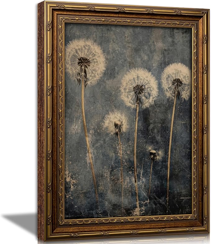 Vintage Gold Framed Dandelion Wall Art Moody Cottagecore Dandelion Painting Canvas Print Gothic Dark Plant Print Poster Wall Decor Retro Moody Plant Floral Poster Artwork for Bedroom Living room