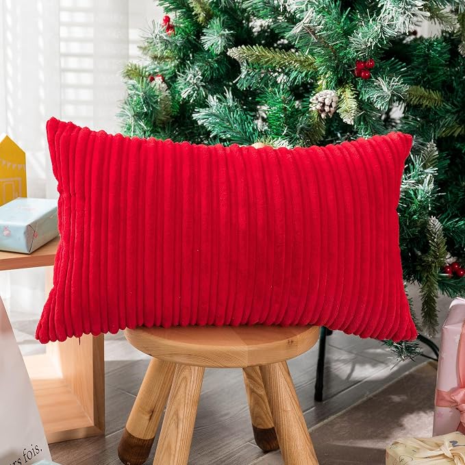 UGASA Christmas Decor Pillow Covers Velvet Striped Pillow Cover Lumbar Cushion Case for Lumbar, 1 Piece, 12x20-inch (30x50cm),Red
