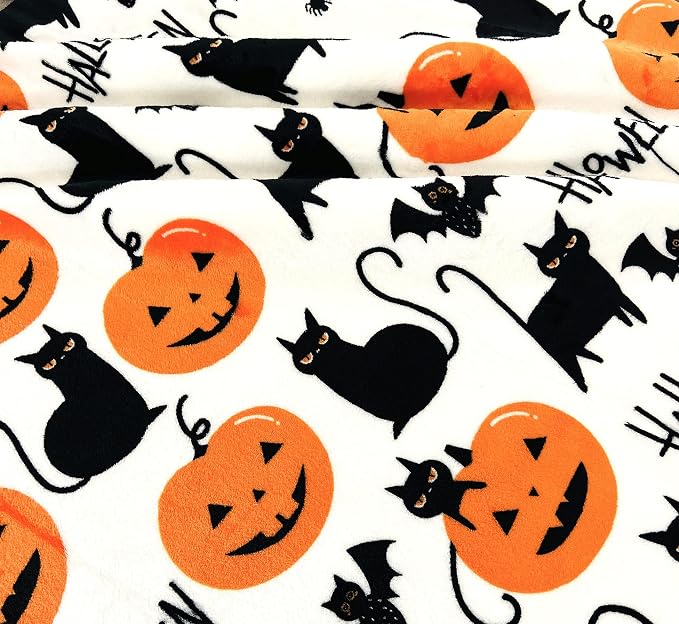 Halloween Fleece Throw Blanket, Cute Black Cats, Bats & Pumpkins, 50x70 in | Ultra-soft cozy flannel fleece, for sofa couch bed chair & dorms, spooky Halloween décor, durable and machine washable.