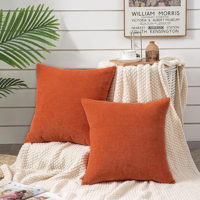 GAWAMAY Decorative Square Throw Pillow Covers 18"x18" Inch Set of 2, Super Soft Chenille Pillows Farmhouse Fall Pillowcase for Living Room Bedroom Sofa Couch Cushion Cover Burnt Orange 45x45cm