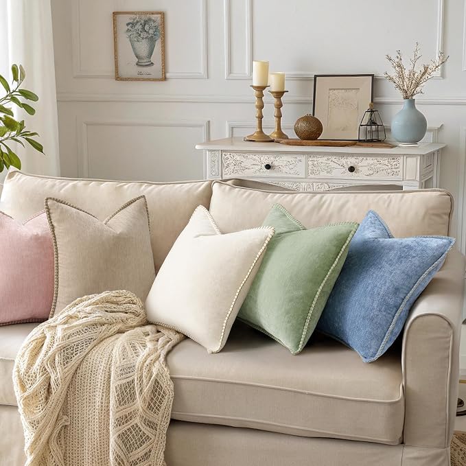 decorUhome Soft Chenille Throw Pillow Covers 22x22 Set of 2 Beige | Fall Textured Decorative Throw Pillow Cases Stitched Edge Modern Farmhouse Luxury Boho Velvet for Couch Sofa Bed Home Decor