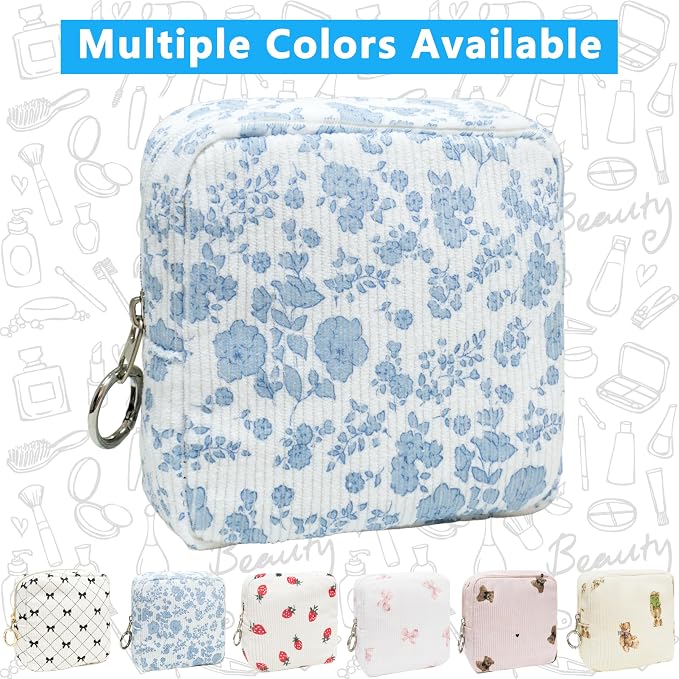 Period Bag for Girls, Corduroy Period Kit with Sanitary Pad Pouch, Menstrual Storage Bag and Tampon Holder for Purse, Girls School Essentials,Feminine Care Organizer(Blue Flower)