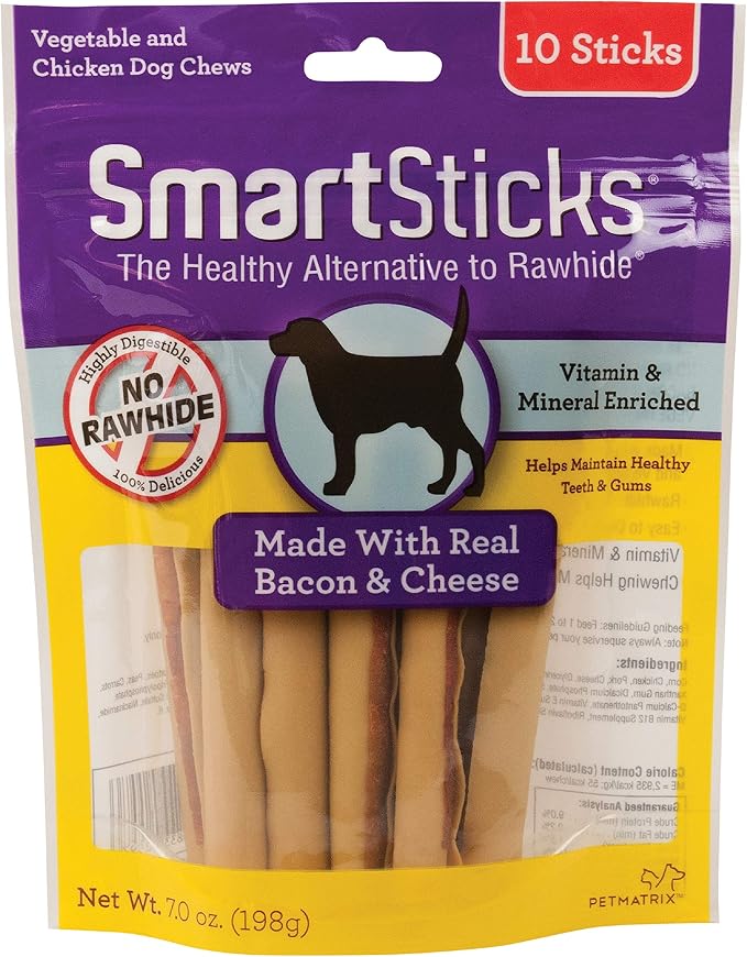 SmartBones SmartSticks Rawhide-Free Dog Treats, Bacon & Cheese, 10 Count | With With Real Bacon & Cheese, Easy To Digest Chew, Vitamin & Mineral Enriched, Helps Maintain Healthy Teeth, For Small Dogs
